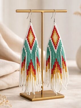 Boho Western Beaded Fringe Earrings Turquoise Red White Statement